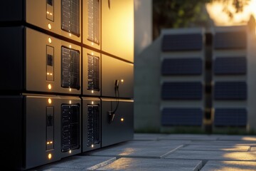 Poster - Server racks illuminated by sunset in a modern data center environment