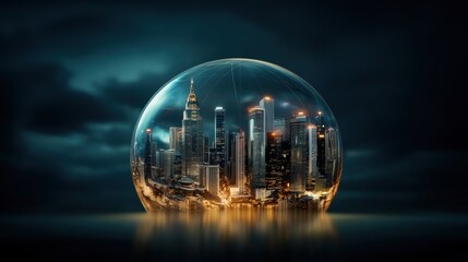 Poster - Futuristic Cityscape Enclosed in a Transparent Sphere with Glowing Lights and Dramatic Sky at Night, Symbolizing Innovation and Protection of Urban Life