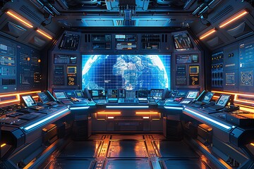 Poster - Futuristic Control Room: A Cyberpunk-Style Global Monitoring Center