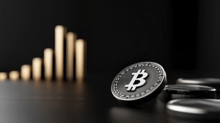 Poster - Bitcoin cryptocurrency coin on a dark background with a rising bar graph, symbolizing digital finance growth and investment opportunities in the modern economy.