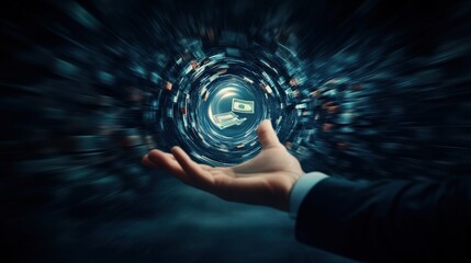 Poster - Dynamic Visualization of Digital Currency Flowing Through a Vortex, Representing Financial Transactions and Economic Growth in a Modern Digital Ecosystem
