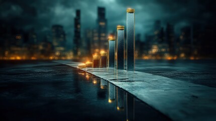 Aufkleber - Financial Growth Concept with Glass Bar Graph and Coins Set Against a Dramatic Urban Night Cityscape with Reflections in the Water