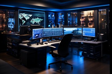 Poster - Cybersecurity Command Center: Immersive Blue-Lit Workstation with Multiple Monitors