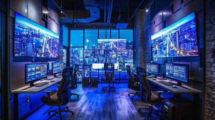 Poster - Cyberpunk Cityscape Control Room:  Neon-lit Desk, Monitors Displaying Urban Night
