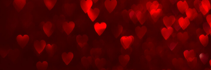 Wall Mural - Red hearts, sparkling glitter bokeh background banner, valentines day abstract defocused texture header.