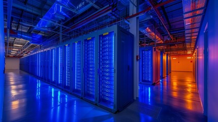 Poster - Cyberpunk Server Room: Blue and Orange Illuminated Data Center