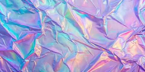 Poster - Shimmering, wrinkled foil reflects a spectrum of colors in a creative space. The iridescent surface creates an engaging visual effect, captivating the viewer's attention