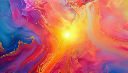Poster - Swirls of vivid colors blend seamlessly, creating an abstract representation filled with shades of orange, pink, blue, and yellow. The bright center radiates warmth and energy
