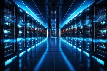 Poster - Cyberpunk Server Hall: Electric Blue Servers in a Futuristic Data Center