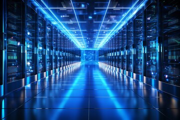 Poster - Cyberpunk Server Room: Electric Blue Data Center Corridor