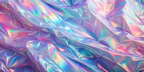 Poster - Iridescent surface displays a vibrant array of colors and textures, creating a mesmerizing visual effect under gentle lighting. The shiny material creates waves and folds