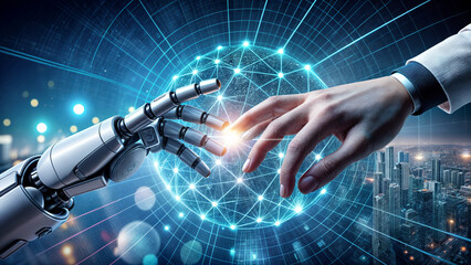 Poster - A robotic hand reaches out to meet a human hand, symbolizing the convergence of human and artificial intelligence. The background features a digital globe and futuristic city