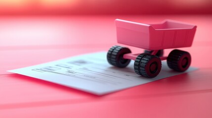 Poster - Small Pink Toy Cart on a White Sheet of Paper with Notes on a Bright Red Surface, Ideal for Creative and Colorful Backgrounds and Conceptual Imagery
