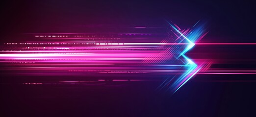 Poster - Dynamic neon light streaks with vibrant pink and blue colors creating a futuristic arrow design, representing speed and technology, copy space for text