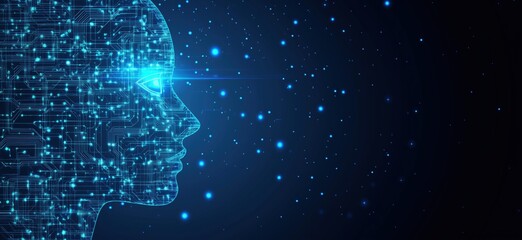 Poster - Digital human silhouette with glowing circuitry and starry background representing artificial intelligence and technology, copy space for text
