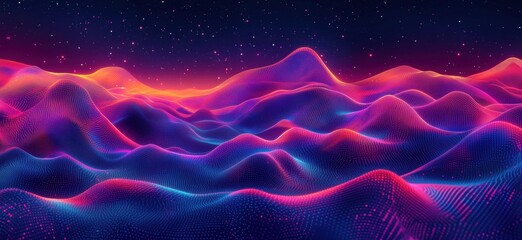 Poster - Vibrant abstract landscape of colorful waves and peaks illuminated by cosmic stars, showcasing a mesmerizing blend of pink, blue, and purple hues, copy space for text