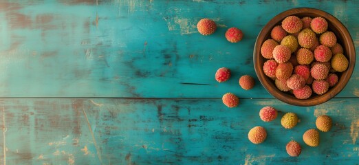 Poster - Lychee fruits arranged in a wooden bowl on a vibrant turquoise wooden surface, showcasing their unique texture and color variations, copy space for text