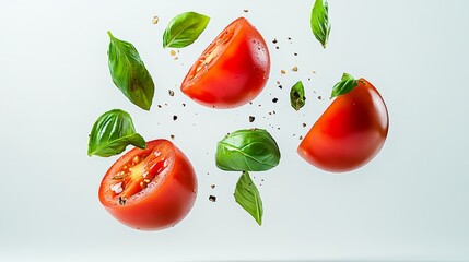 Wall Mural - Three tomatoes are shown in the air with some basil leaves. Concept of freshness and vitality, as the tomatoes and basil are both healthy and nutritious foods. The way the tomatoes are sliced