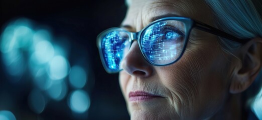 Poster - Elderly woman with glasses reflecting digital world, showcasing technology and innovation in modern society, highlighting the intersection of age and digital advancement, copy space for text