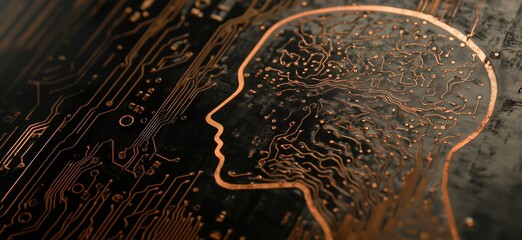 Poster - Human brain silhouette with intricate circuit patterns representing artificial intelligence and technology integration, copy space for text