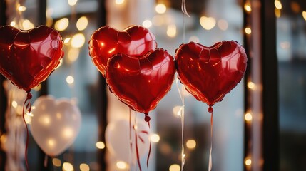 Wall Mural - red heart shaped balloons