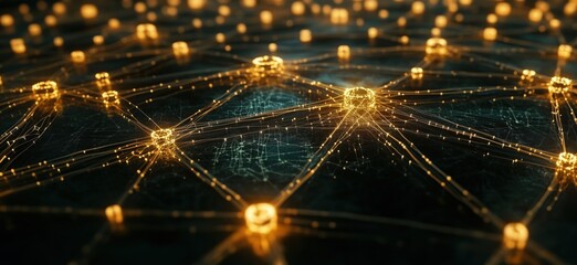 Poster - Digital network visualization with glowing nodes and interconnected lines representing data flow and connectivity, copy space for text