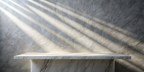 Poster - Soft rays of sunlight stream through a window, illuminating a sleek marble table set against a textured gray wall, creating a tranquil ambiance in the room