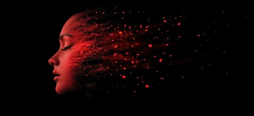Poster - Abstract portrait of woman with red particles symbolizing emotion and transformation, showcasing beauty and creativity, copy space for text