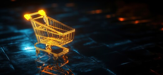 Poster - Glowing wireframe shopping cart on reflective surface, modern digital art representation of e-commerce and online shopping, copy space for text