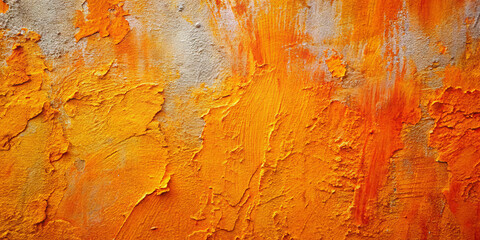 Poster - The vibrant surface features a blend of orange and yellow tones, with a textured finish that highlights layers of paint and plaster. This backdrop creates a warm, inviting atmosphere