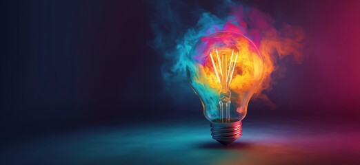 Poster - Illuminated light bulb with vibrant flames and colorful smoke, showcasing creativity and innovation in design, copy space for text