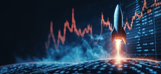 Aufkleber - Rocket launch symbolizing technological advancement and financial growth with data analytics background, copy space for text