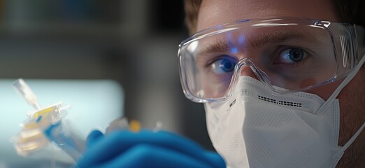 Poster - Medical professional in protective gear focusing on laboratory work, showcasing precision and safety in healthcare environment, copy space for text