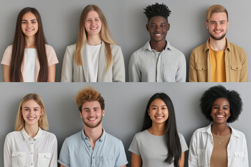 Wall Mural - set of 8 young diverse businessperson profile picture showing positive emotions on grey background