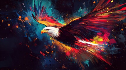 Wall Mural - vibrant abstract eagle in flight, dynamic colors and splashes.