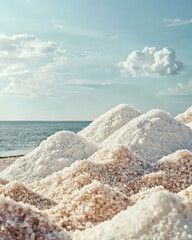 Stacks of natural sea salt against ocean, showcasing sustainable extraction and beauty of this vital ingredient. serene landscape evokes sense of tranquility