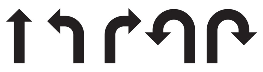 Leinwandbilder - go straight this way one way only u turn left and right black arrow sign direction icon set. vector 