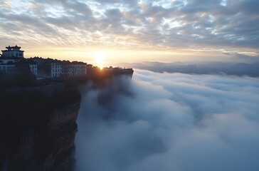 Wall Mural - Sunrise Over Clifftop Buildings In A Sea Of Clouds