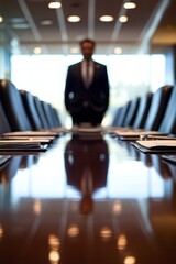 Poster - A man stands in front of a long table with many chairs