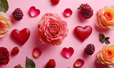 Sticker - Pink background with roses, heart-shaped decorations, berries, and scattered petals framing the composition