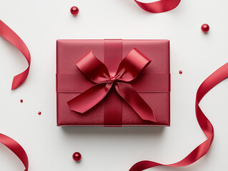 Red gift box with red ribbon isolated on a white background. 