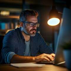 Poster - A man wearing glasses is typing on a laptop in a dimly lit room