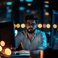 Poster - A man wearing glasses is sitting in front of a computer monitor