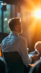 Poster - A man in a suit is sitting in a chair and looking at something