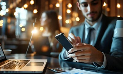 Poster - Businessman Using Smartphone in a Cozy Cafe Setting at Night, Working Late on Projects