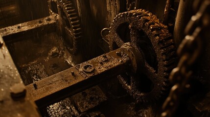 Poster - Close-up of a mining shaft pulley system covered in dust and grease, with blank space.