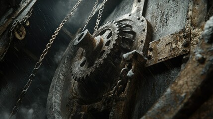 Poster - Close-up of a mining shaft pulley system covered in dust and grease, with blank space.