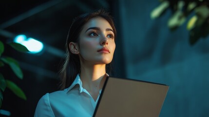 Poster - A woman is holding a laptop in a dark room