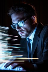Poster - A man in a suit is typing on a computer keyboard