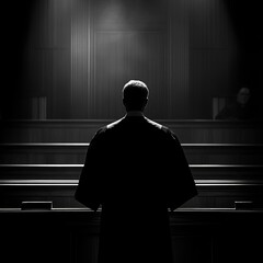 Canvas Print - a man in a black robe stands in front of a judge's bench